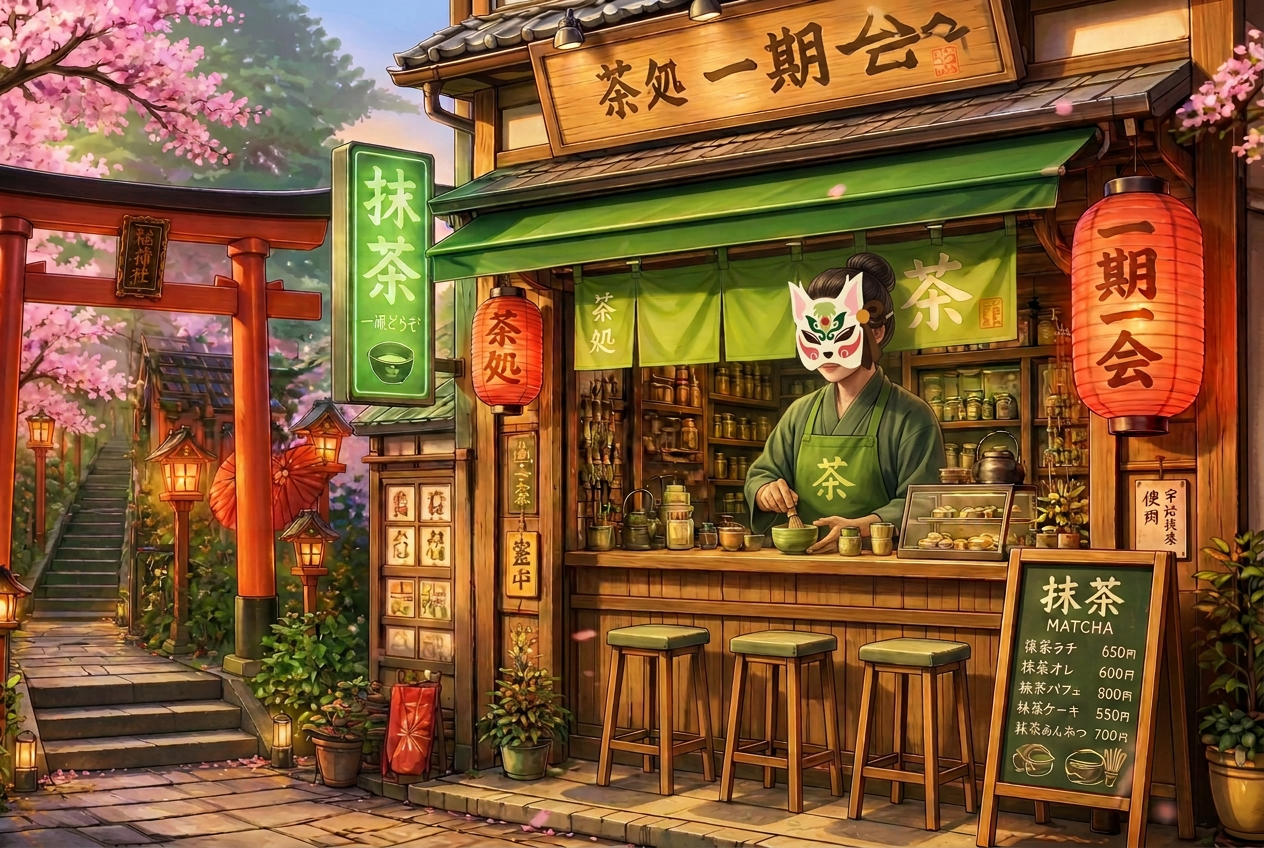 Anime-style MATCHLLO tea master wearing the kitsune mask inside a neon matcha storefront at night